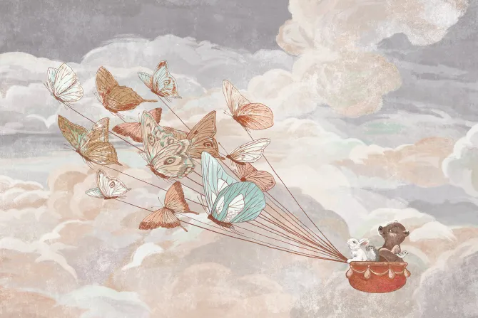 Fototapeta: Dziecięcy wzór z motylami i zwierzątkami latającymi na tle nieba