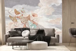 Fototapeta: Dziecięcy wzór z motylami i zwierzątkami latającymi na tle nieba