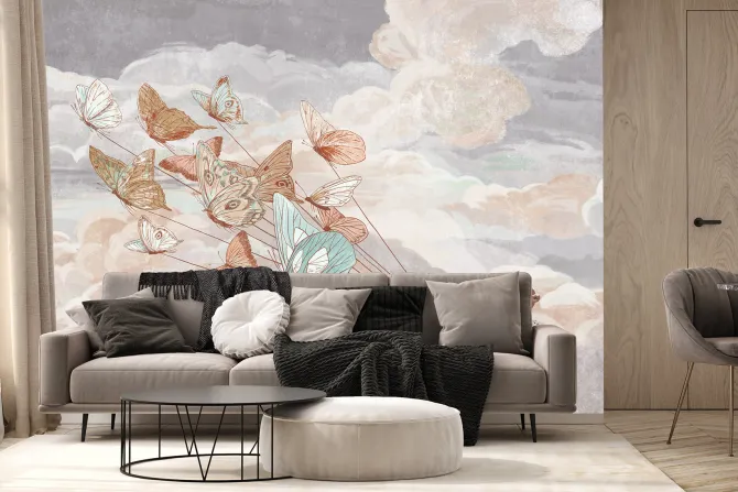 Fototapeta: Dziecięcy wzór z motylami i zwierzątkami latającymi na tle nieba