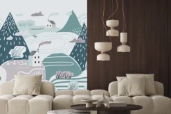 Fototapeta: Dziecinne kolorowy wzór z góry, wzgórza, doliny i domy. pochmurny