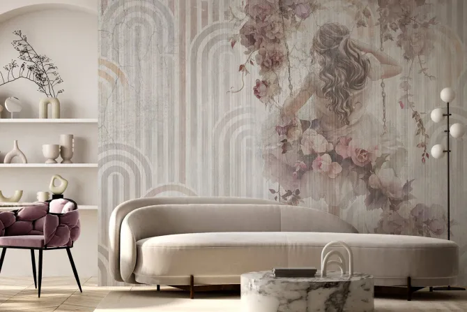 Fototapeta: Dziewczyna z kwiatami na huśtawce geometryczne tło