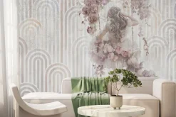 Fototapeta: Dziewczyna z kwiatami na huśtawce geometryczne tło