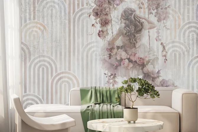 Fototapeta: Dziewczyna z kwiatami na huśtawce geometryczne tło