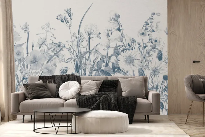 Fototapeta: Dzika łąka z polnymi kwiatami na jasnym tle