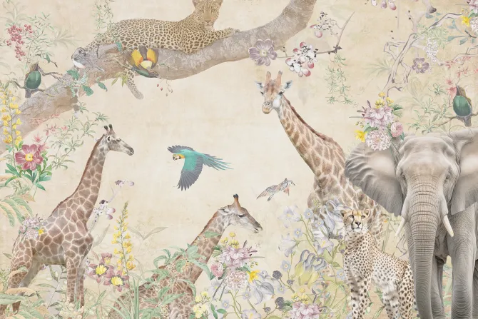 Fototapeta: Dzikie zwierzęta wśród kolorowych kwiatów