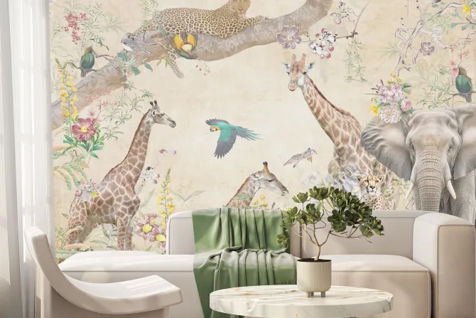 Fototapeta: Dzikie zwierzęta wśród kolorowych kwiatów