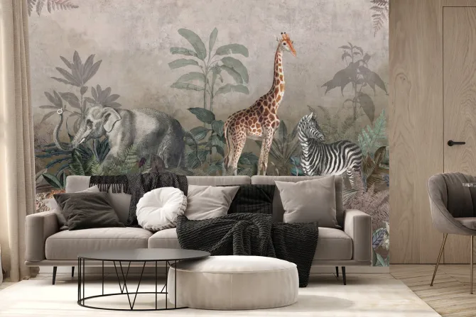 Fototapeta: Dzikie zwierzęta safari wśród tropikalnych roślin w dżungli