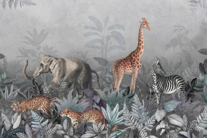 Fototapeta: Dzikie zwierzęta safari wśród tropikalnych roślin w dżungli