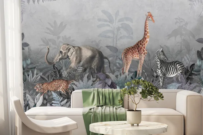 Fototapeta: Dzikie zwierzęta safari wśród tropikalnych roślin w dżungli