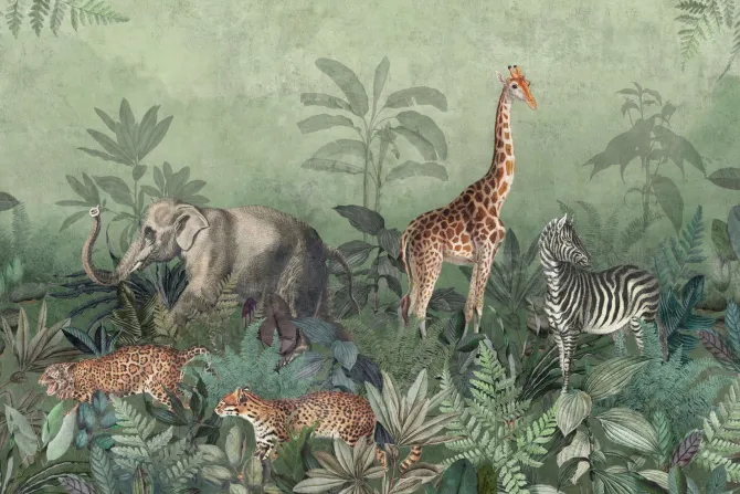 Fototapeta: Dzikie zwierzęta safari wśród tropikalnych roślin w dżungli