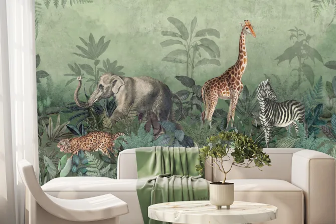 Fototapeta: Dzikie zwierzęta safari wśród tropikalnych roślin w dżungli