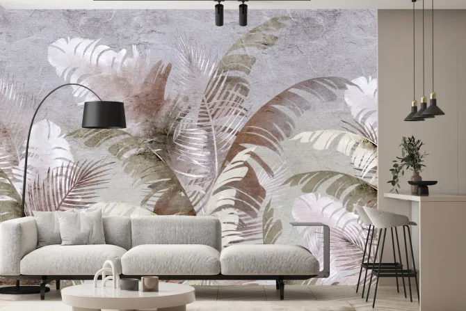 Fototapeta: Egzotyczne liście palma i bananowiec na teksturowym szarym tle