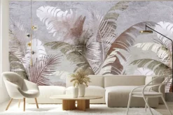 Fototapeta: Egzotyczne liście palma i bananowiec na teksturowym szarym tle