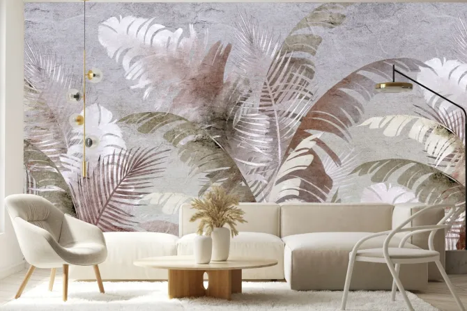 Fototapeta: Egzotyczne liście palma i bananowiec na teksturowym szarym tle