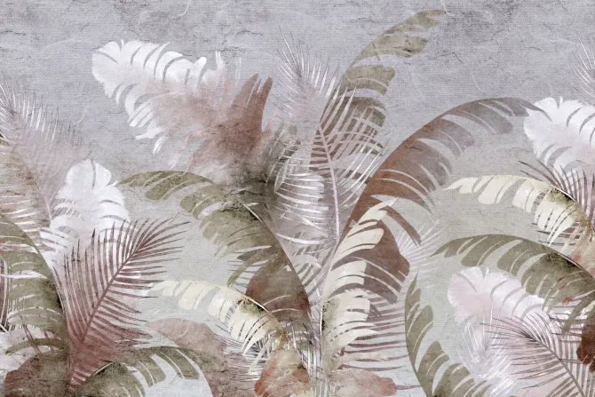 Fototapeta: Egzotyczne liście palma i bananowiec na teksturowym szarym tle