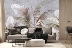 Fototapeta: Egzotyczne liście palma i bananowiec na teksturowym szarym tle