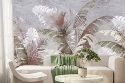 Fototapeta: Egzotyczne liście palma i bananowiec na teksturowym szarym tle