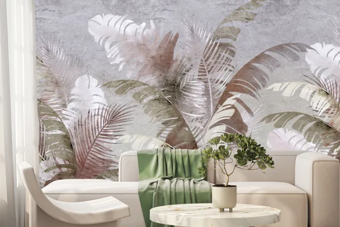 Fototapeta: Egzotyczne liście palma i bananowiec na teksturowym szarym tle