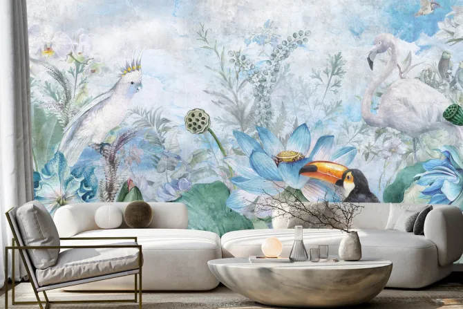 Fototapeta: Egzotyczne ptaki wśród kwiatów i liści w stylu akwareli