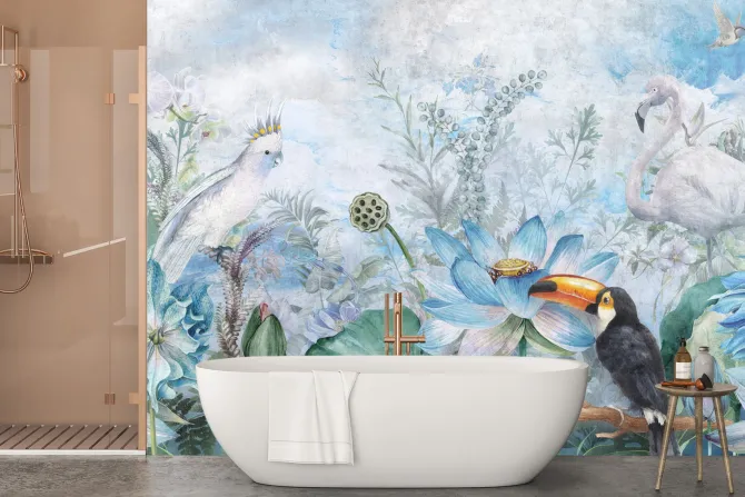 Fototapeta: Egzotyczne ptaki wśród kwiatów i liści w stylu akwareli