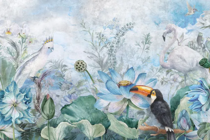 Fototapeta: Egzotyczne ptaki wśród kwiatów i liści w stylu akwareli