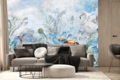 Fototapeta: Egzotyczne ptaki wśród kwiatów i liści w stylu akwareli