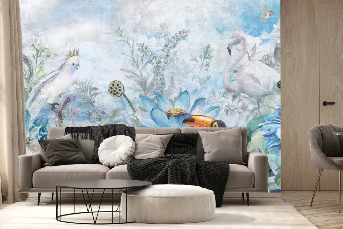 Fototapeta: Egzotyczne ptaki wśród kwiatów i liści w stylu akwareli