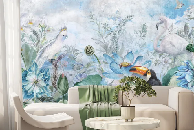 Fototapeta: Egzotyczne ptaki wśród kwiatów i liści w stylu akwareli