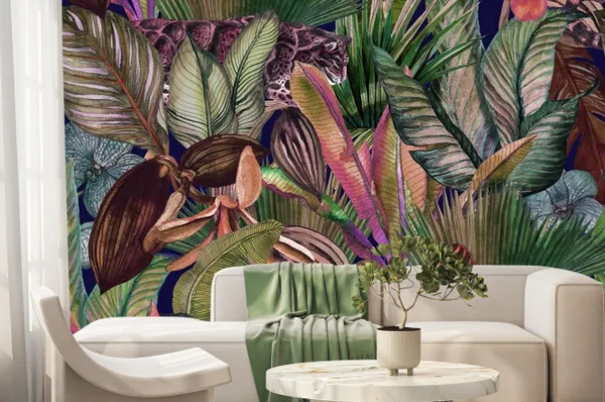 Fototapeta: Egzotyczny lampart i kwiaty orchidei