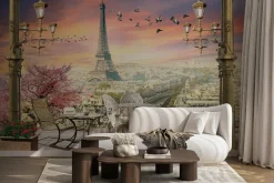 Fototapeta: Elegancki taras z kwiatami na tle panoramy paryża