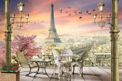 Fototapeta: Elegancki taras z kwiatami na tle panoramy paryża