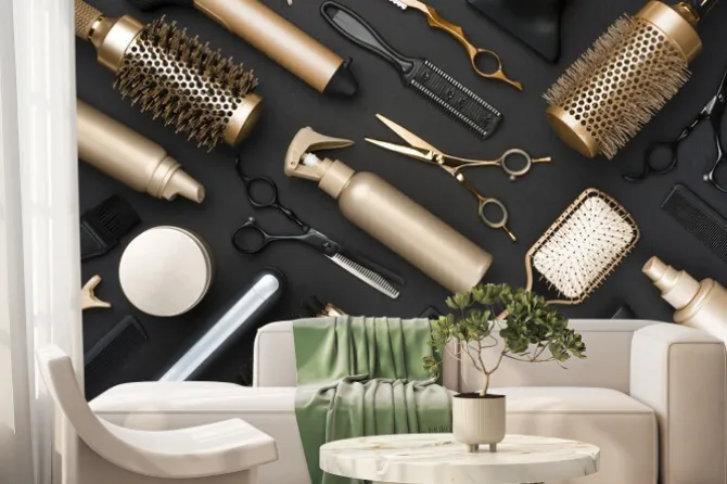 Fototapeta: Eleganckie narzędzia fryzjerskie na czarnym tle