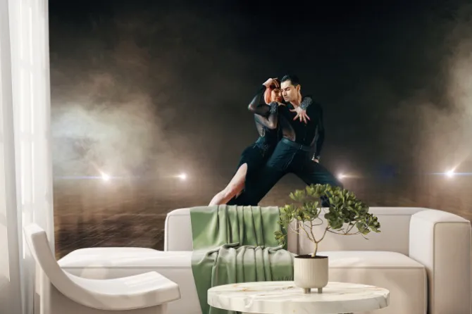 Fototapeta: Elegant dancers, ballrom dance on theatre stage