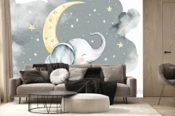 Fototapeta: Elephant moon clouds and stars watercolor illustration of animals