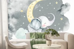 Fototapeta: Elephant moon clouds and stars watercolor illustration of animals