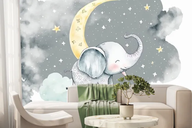 Fototapeta: Elephant moon clouds and stars watercolor illustration of animals