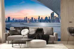 Fototapeta: Empty floor and modern city skyline with building at sunset in