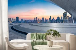 Fototapeta: Empty floor and modern city skyline with building at sunset in