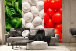 Fototapeta: Flag of italy made of basel leaves, mozzarella cheese, and cherr