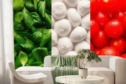 Fototapeta: Flag of italy made of basel leaves, mozzarella cheese, and cherr