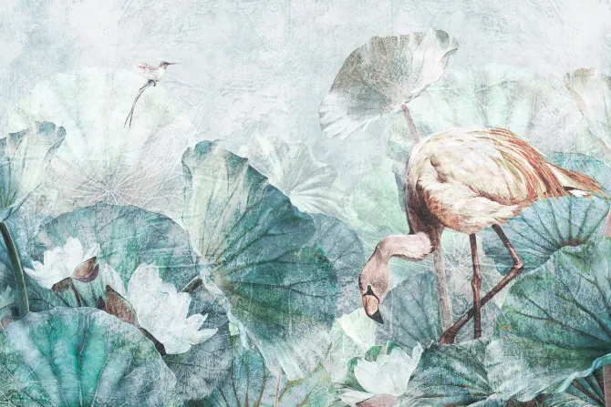 Fototapeta: Flaming wśród tropikalnych liści i kwiatów