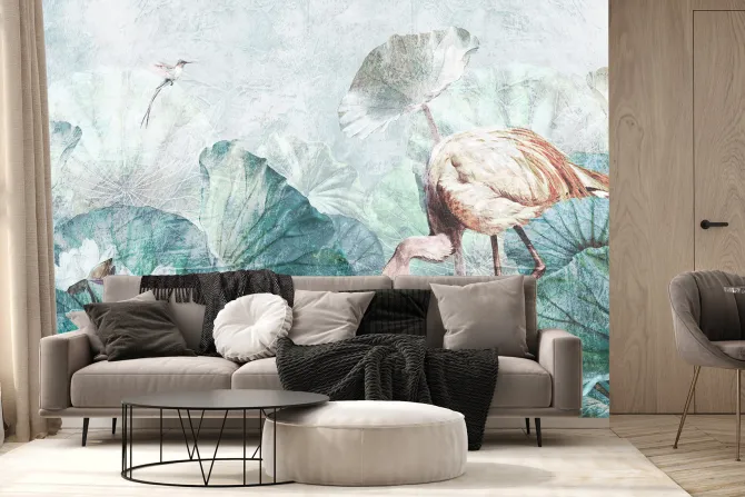 Fototapeta: Flaming wśród tropikalnych liści i kwiatów