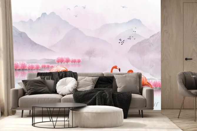 Fototapeta: Flamingi i krajobraz górski