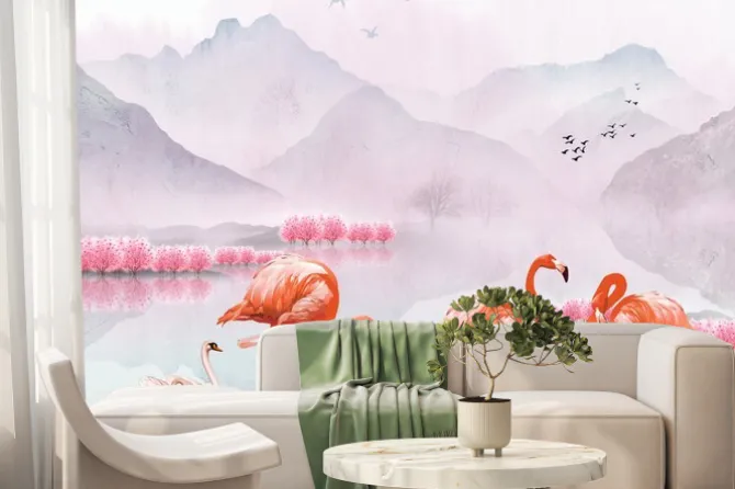 Fototapeta: Flamingi i krajobraz górski