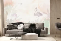 Fototapeta: Flamingi i tropikalne liście w pastelowych kolorach