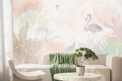 Fototapeta: Flamingi i tropikalne liście w pastelowych kolorach