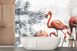 Fototapeta: Flamingi i tropikalne liście na tle betonu