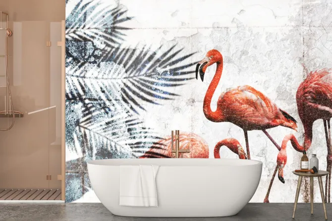 Fototapeta: Flamingi i tropikalne liście na tle betonu