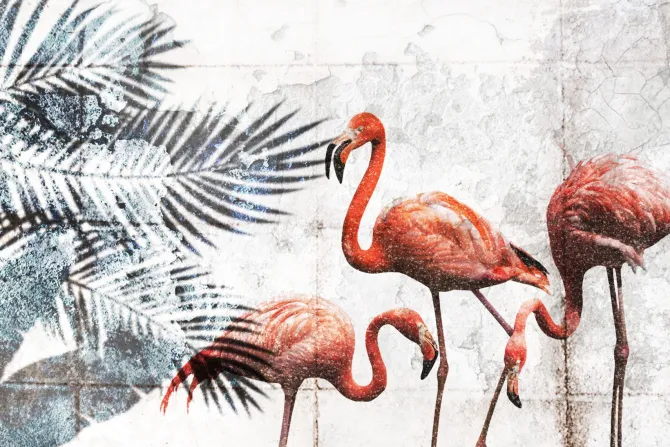 Fototapeta: Flamingi i tropikalne liście na tle betonu