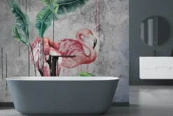 Fototapeta: Flamingi i tropikalne liście w stylu akwareli